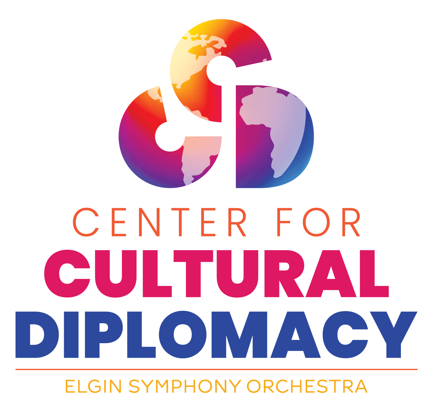 Elgin Symphony Orchestra Center for Cultural Diplomacy logo. The logo is vibrant in colors of orange, red, blue and yellow.