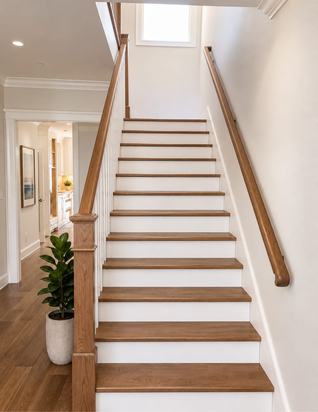 Wood staircase with white risers and balusters, matching wood handrails and a square newel post, lit by a window above.