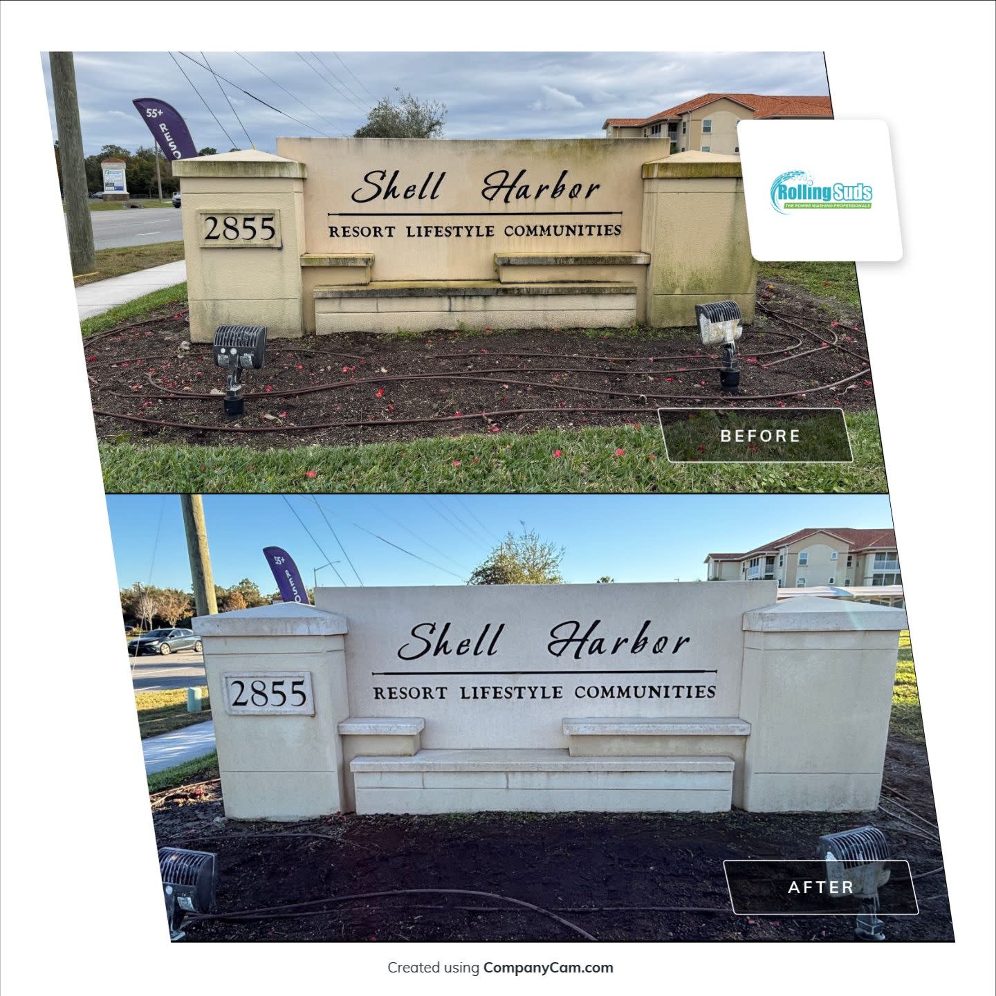 Before and after pressure washing of a community entrance sign for Shell Harbor Resort Lifestyle Communities