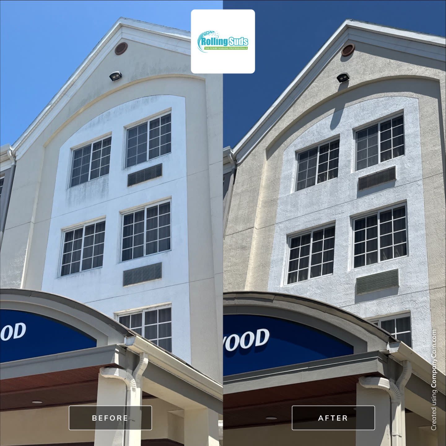 Before and after multi-story hotel facade cleaning by Rolling Suds in Brevard County, FL