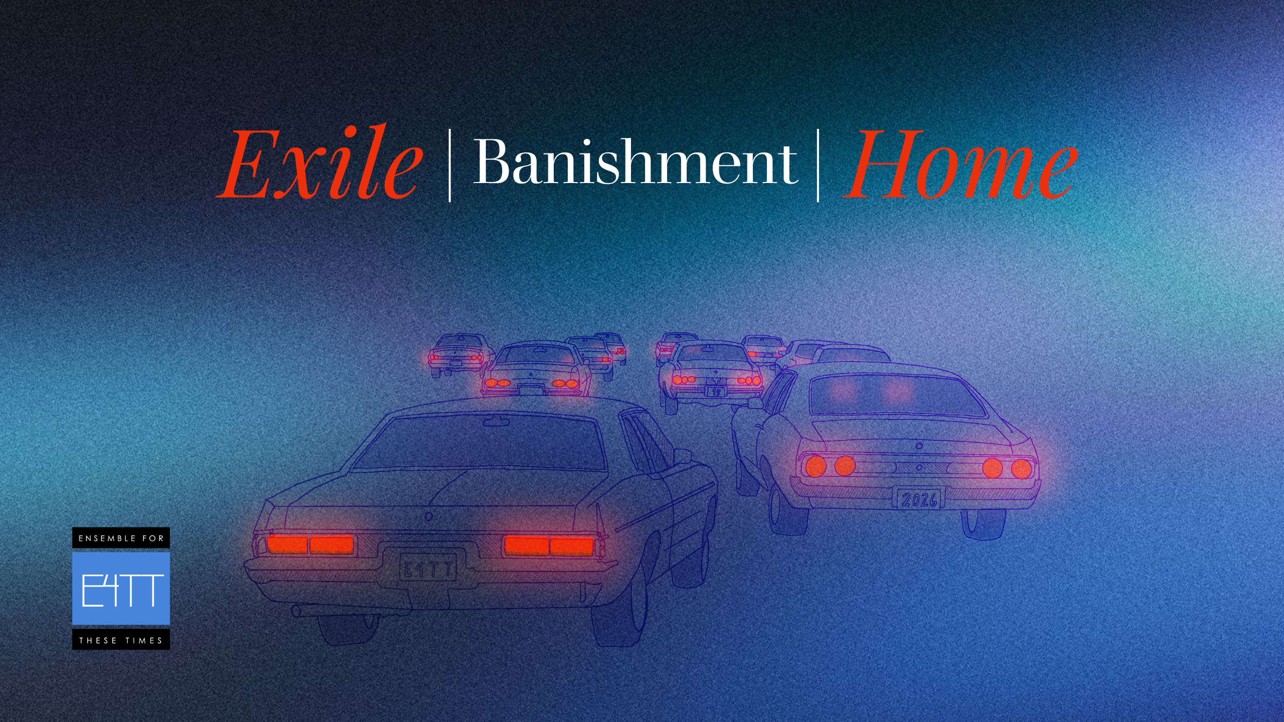 A blue background with a car driving away, red tail lights lit