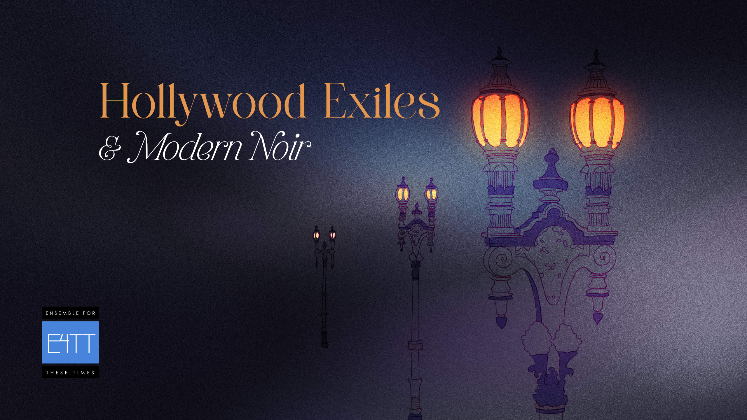 yellow writing and yellow lit Victorian streetlights agains a murky atmospheric purple-gray background.