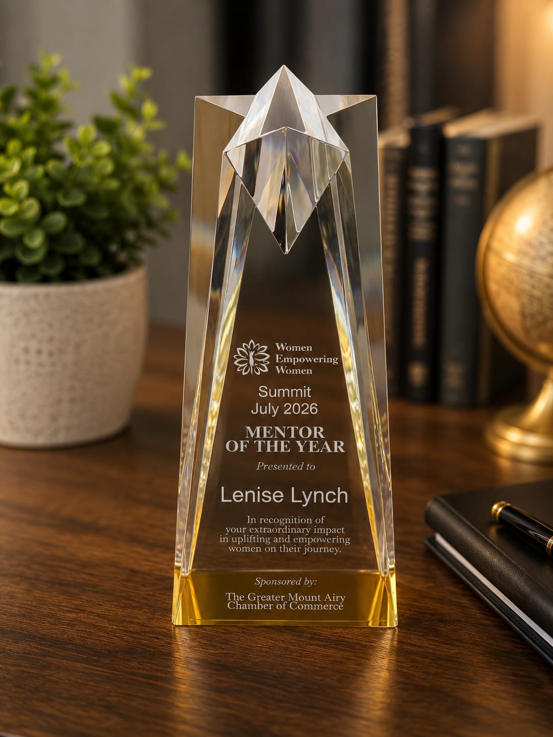 Custom engraved crystal award with gold base for employee recognition, leadership awards, corporate events, and ceremonies.