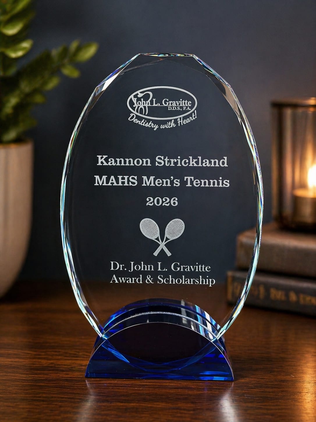Custom engraved crystal award for schools, sports, and academic recognition.
