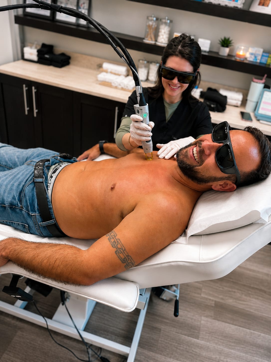 Male patient receiving chest laser hair removal at Refresh - Aesthetics & Wellness in Florida