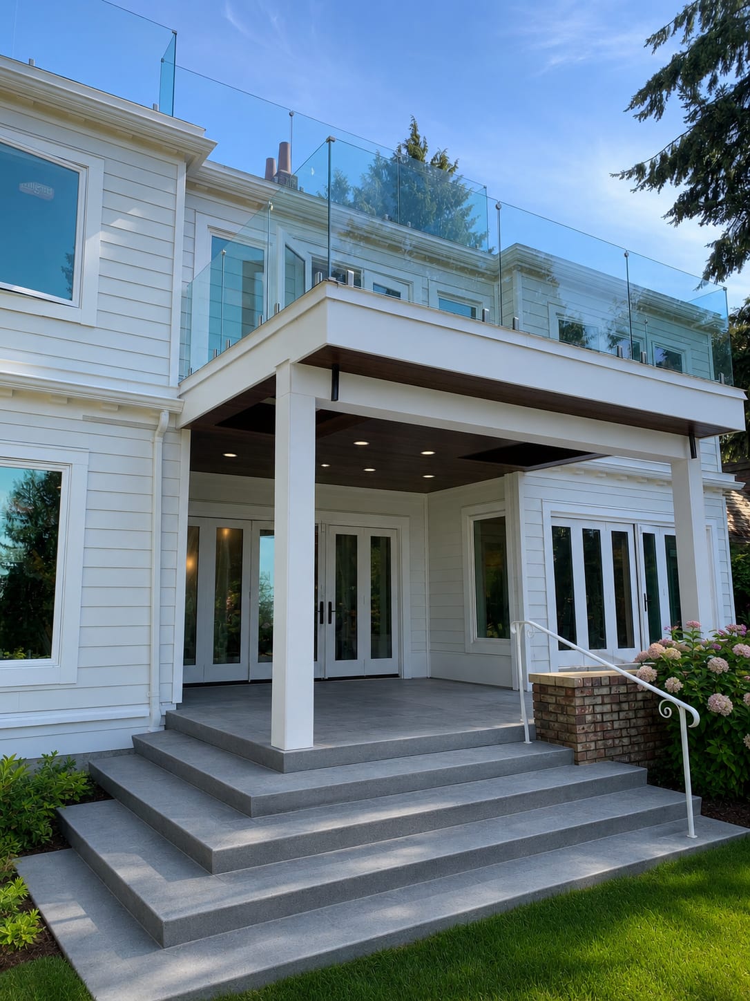 Renovated heritage home at 2040 SW Marine Drive featuring restored exterior detailing, covered patio, glass railings, landsca