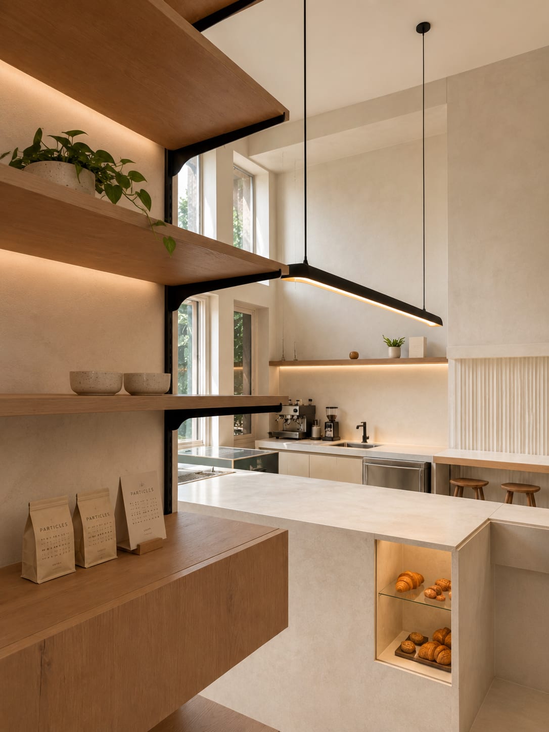 Particles service counter at 3696 West 8th Ave featuring custom oak shelving, integrated lighting, stone counters, minimalist