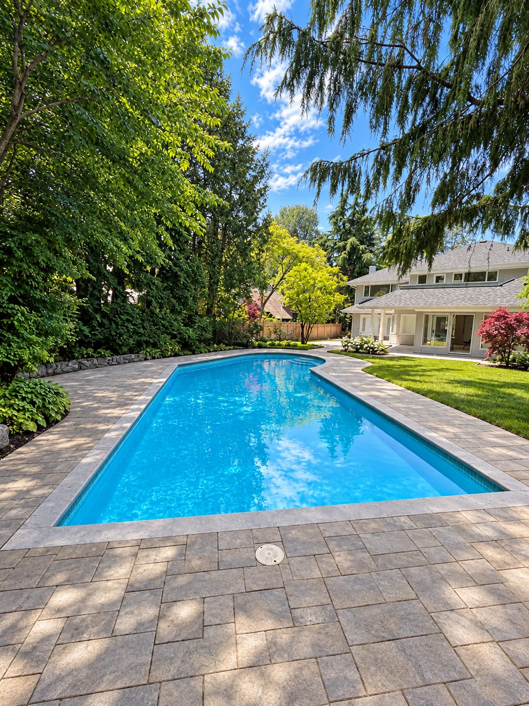 Backyard swimming pool surrounded by a paver patio, green lawn and mature trees, with a light-coloured two-storey home beyond