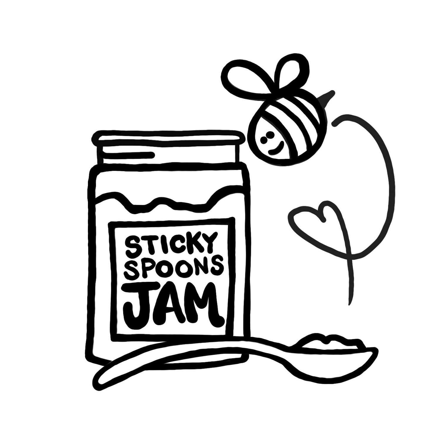 Jar sitting behind a spoon of jam with Sticky Spoons Jam written in middle. Bee with heart on the side.