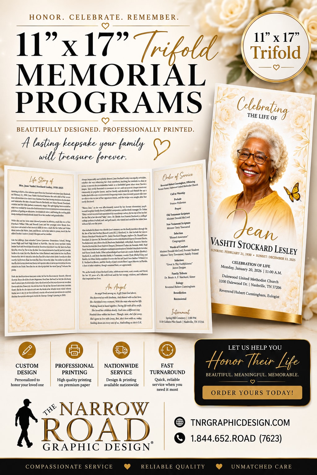 Elegant trifold memorial program design and printing by The Narrow Road Graphic Design
