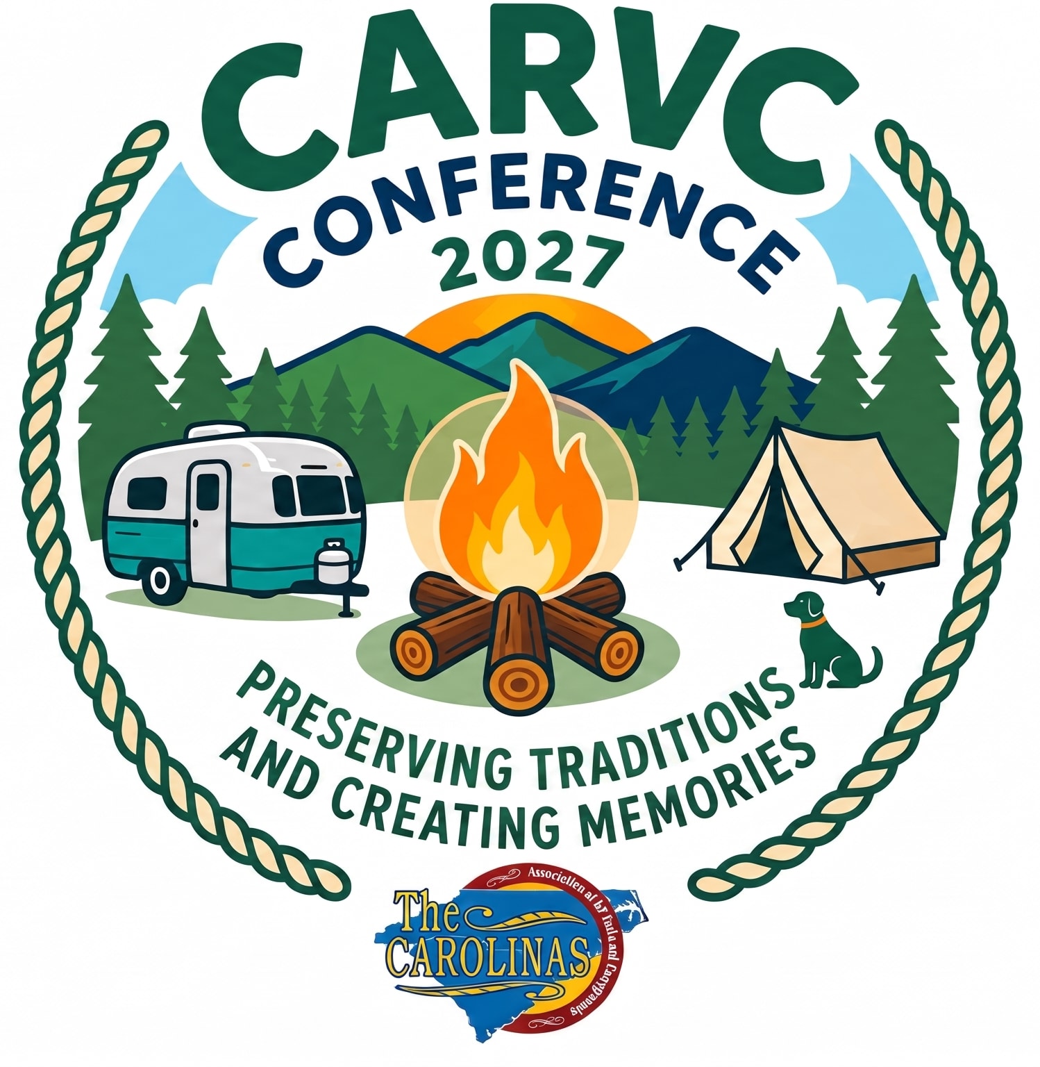 2027 CARVC conference logo with camper, campfire, tent, CARVC logo