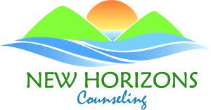 New Horizons Counseling logo with electric blue water, green mountains and orange sun
