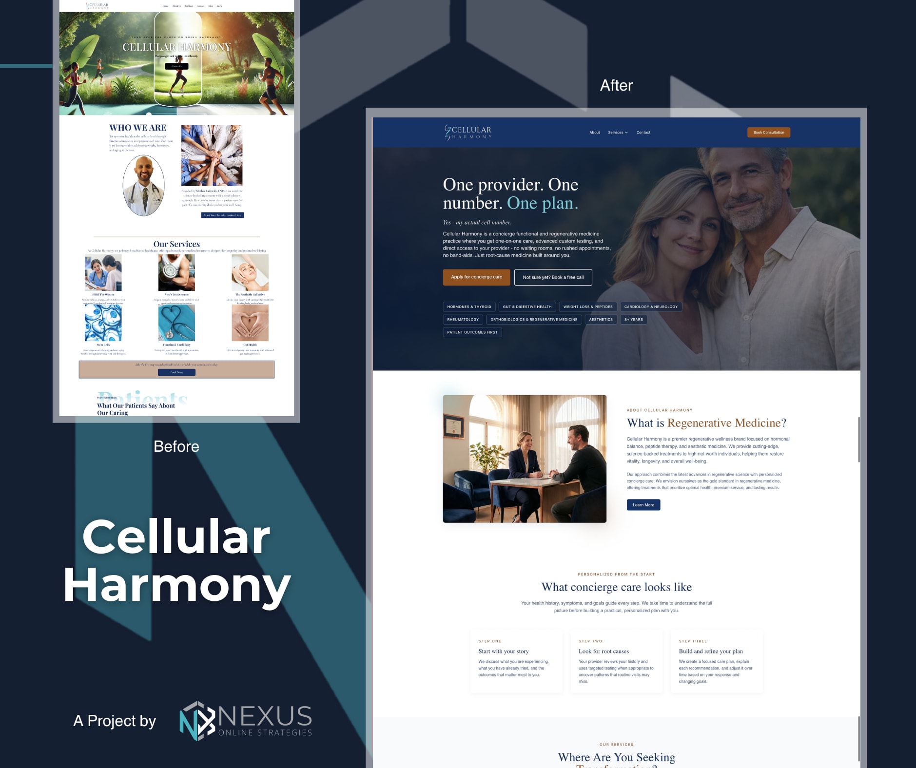 Cellular Harmony website redesign before and after by Nexus Online Strategies.
