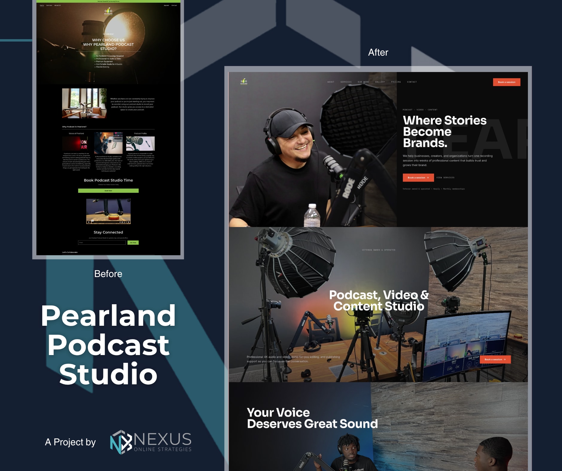 Pearland Podcast Studio website redesign before and after by Nexus Online Strategies.