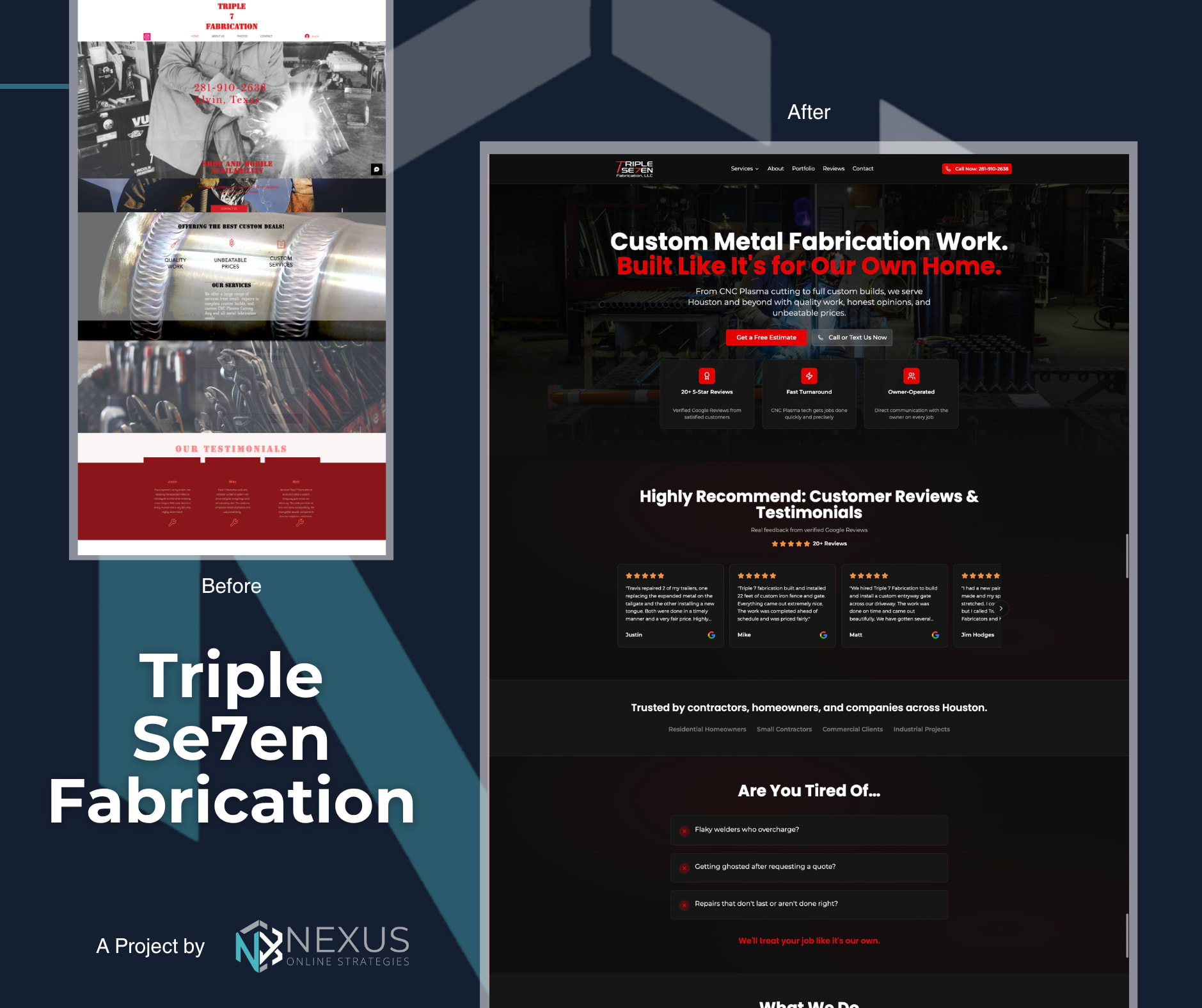 Triple Se7en Fabrication website redesign before and after by Nexus Online Strategies.