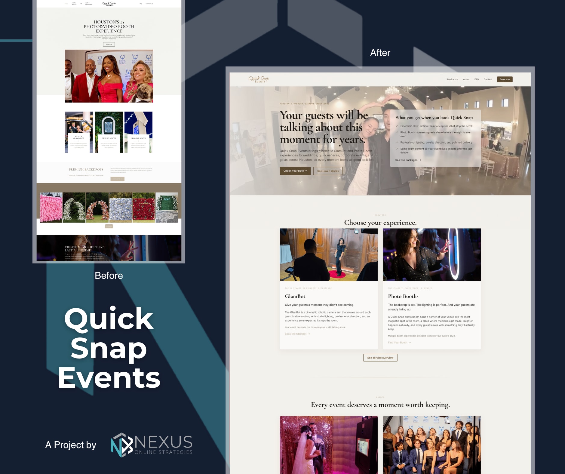 Quick Snap Events website redesign before and after by Nexus Online Strategies.