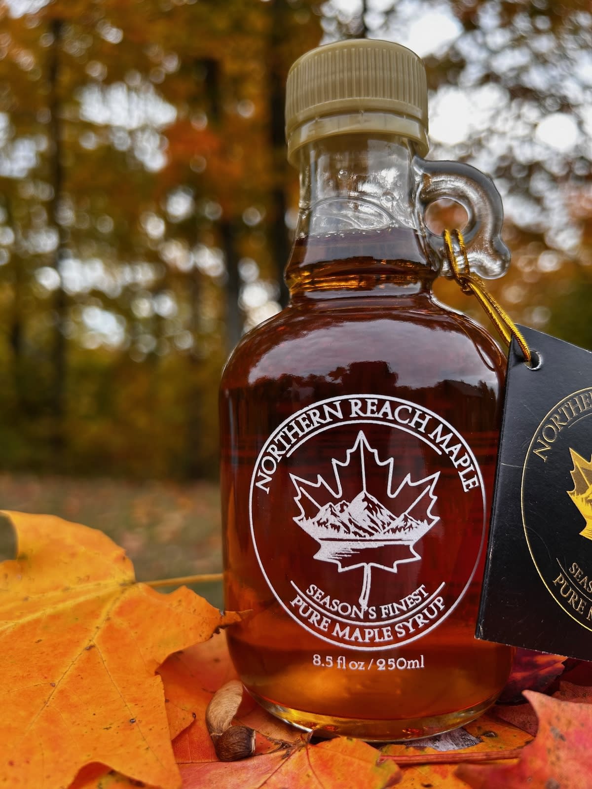 a bottle of Season's Finest Maple Syrup