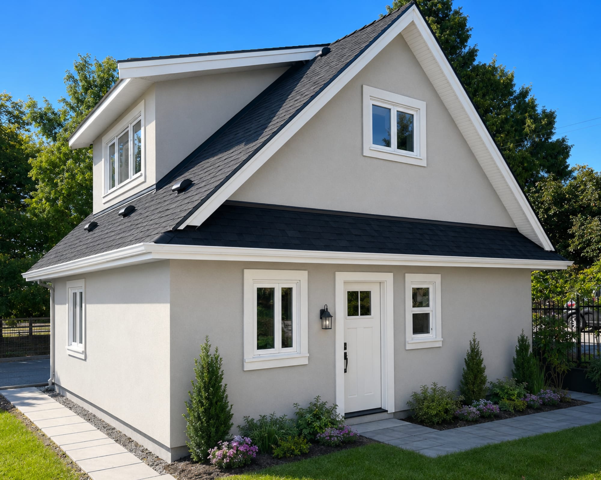 Laneway home at 5741 Beckley featuring a steep gabled roof, light stucco exterior, white-trimmed windows, landscaped entry an