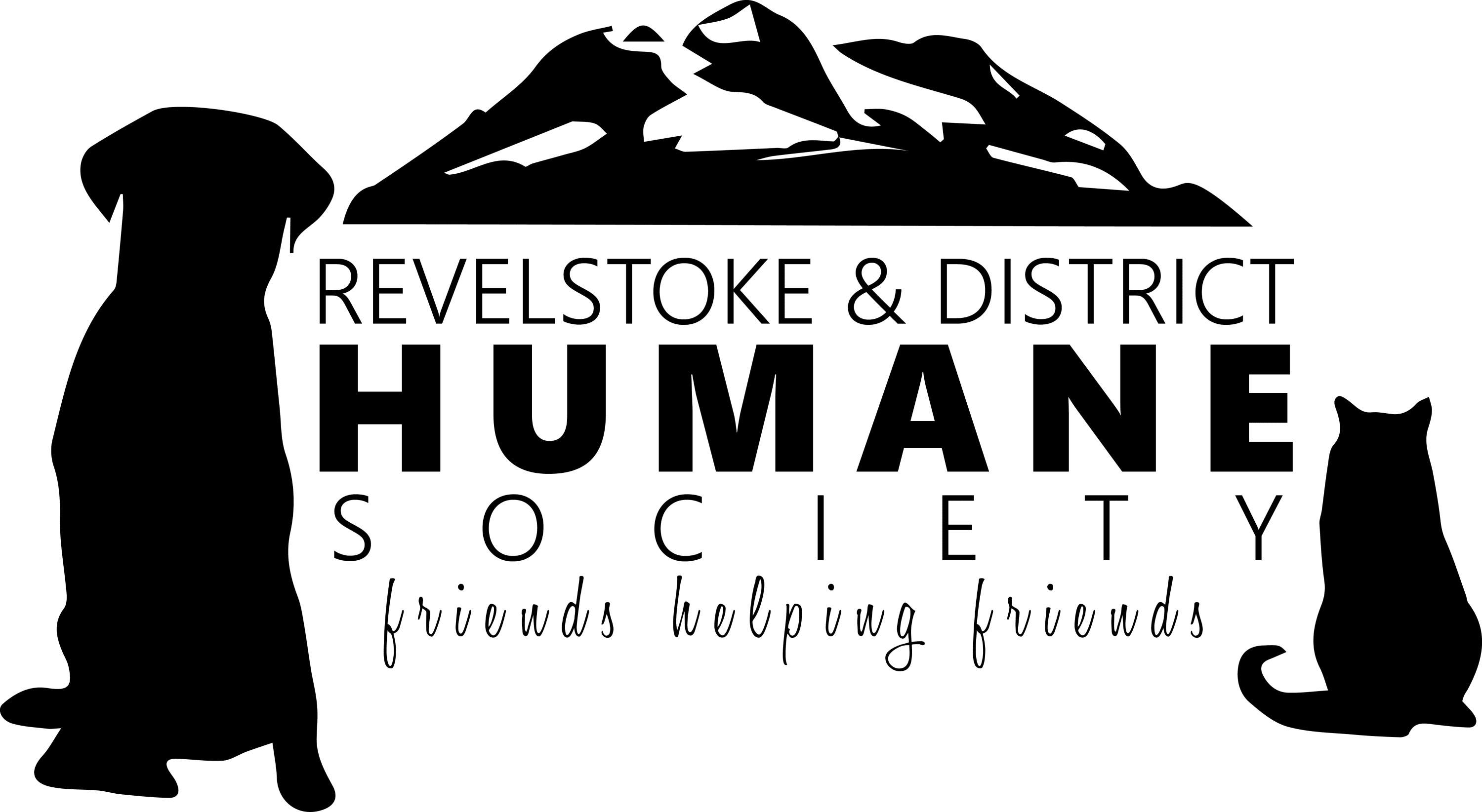 Black and White logo featuring silhouette of a cat, dog, and mountain