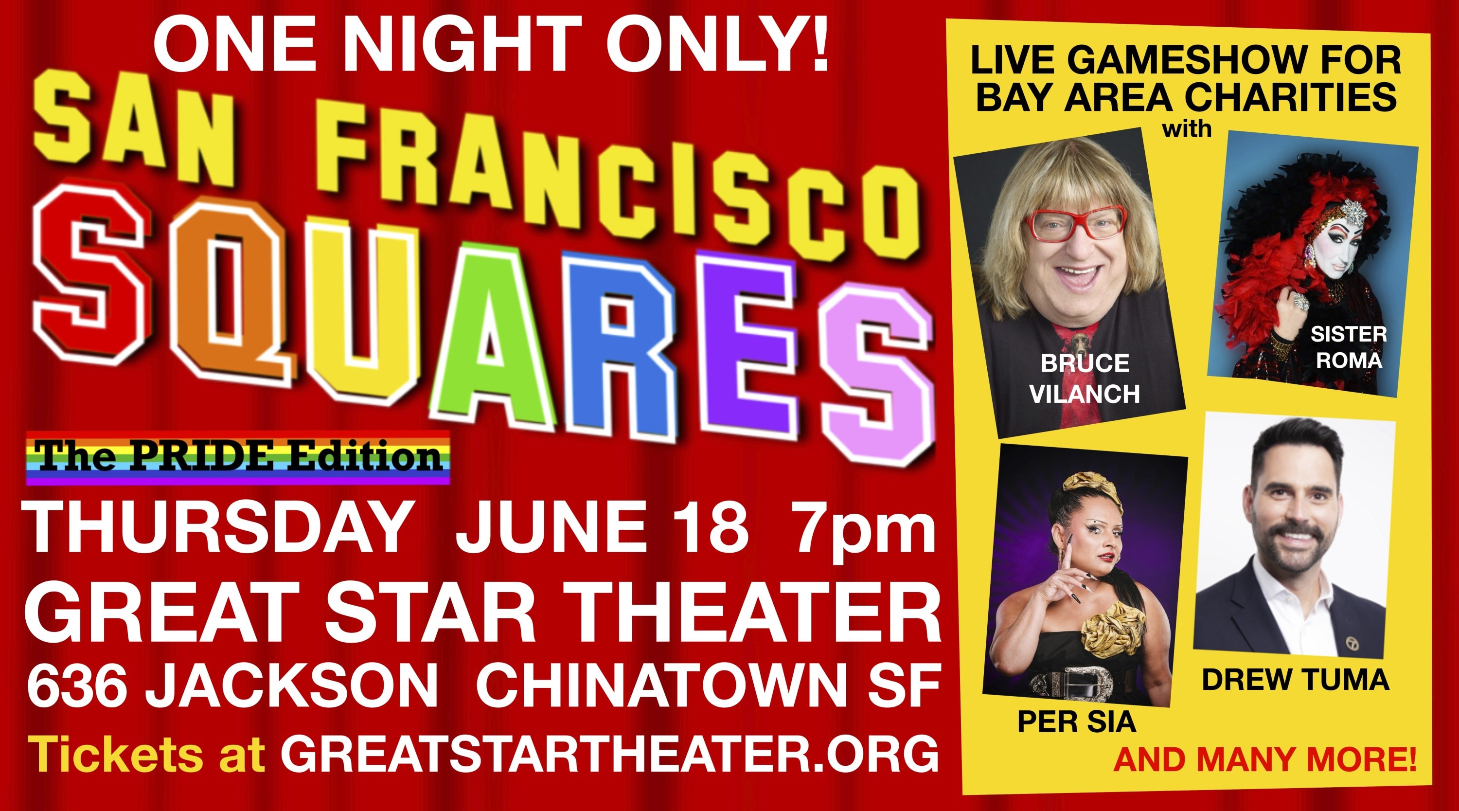 Images of the host Sister Roma, center square Bruce Vilanch as well as Per Sia and Drew Tuma who are all participating as Squ