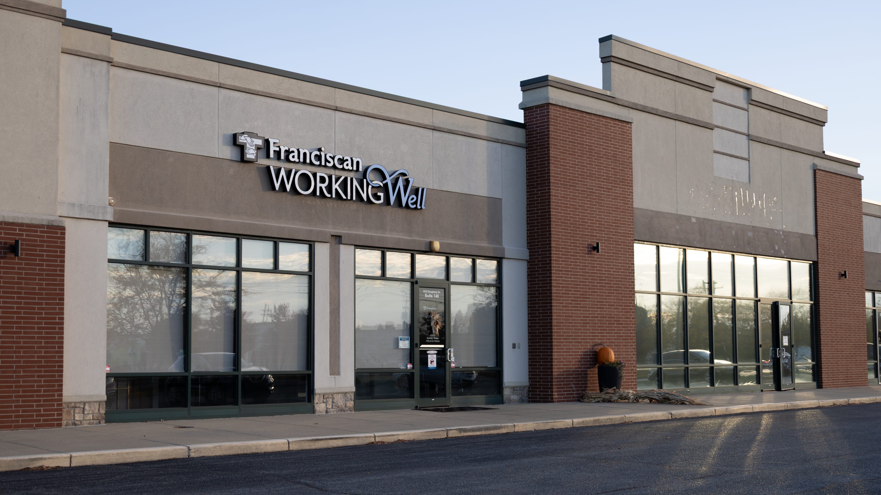 Exterior of the Franciscan WorkingWell clinic in Lafayette, Indiana, a modern healthcare facility providing employer-focused