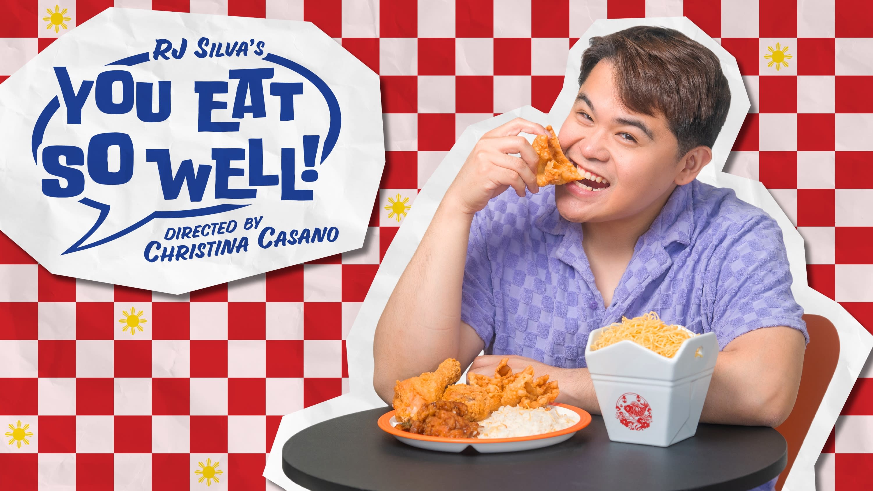 Solo performer RJ sitting at a table eating fried chicke, with logo of show YOU EAT SO WELL
