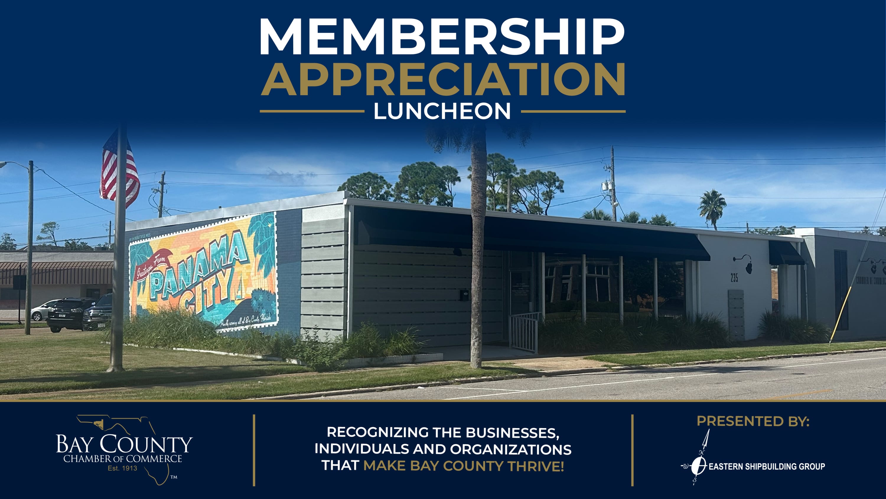 2026 Bay County Chamber Membership Appreciation Awards Luncheon graphic featuring the Chamber building in Panama City.