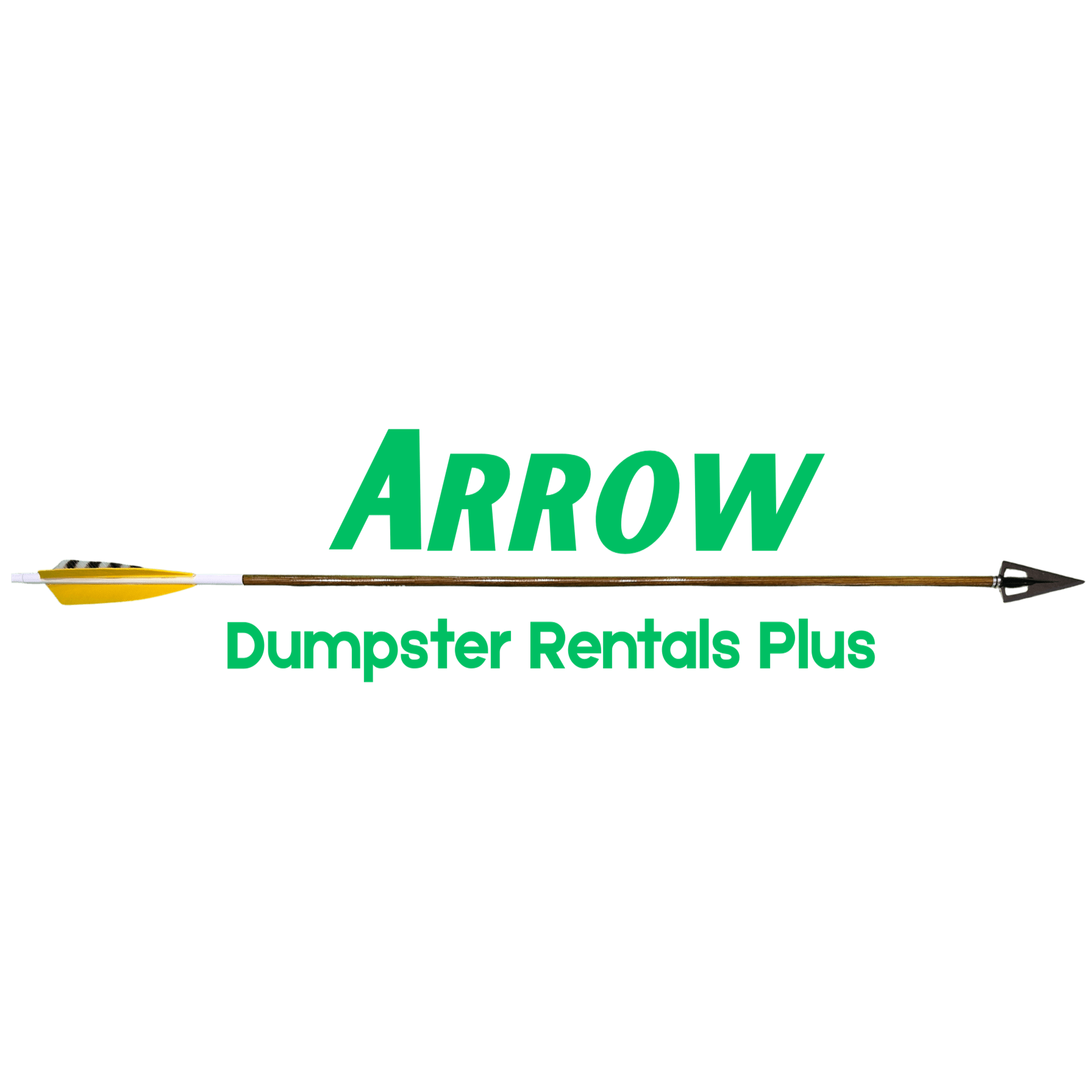Logo for Arrow Dumpster Rentals Plus LLC with green lettering and an arrow in frame