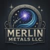 Merlin Metals logo with welding tool at the end creating a spark and sparkles around it with a galaxy vibe