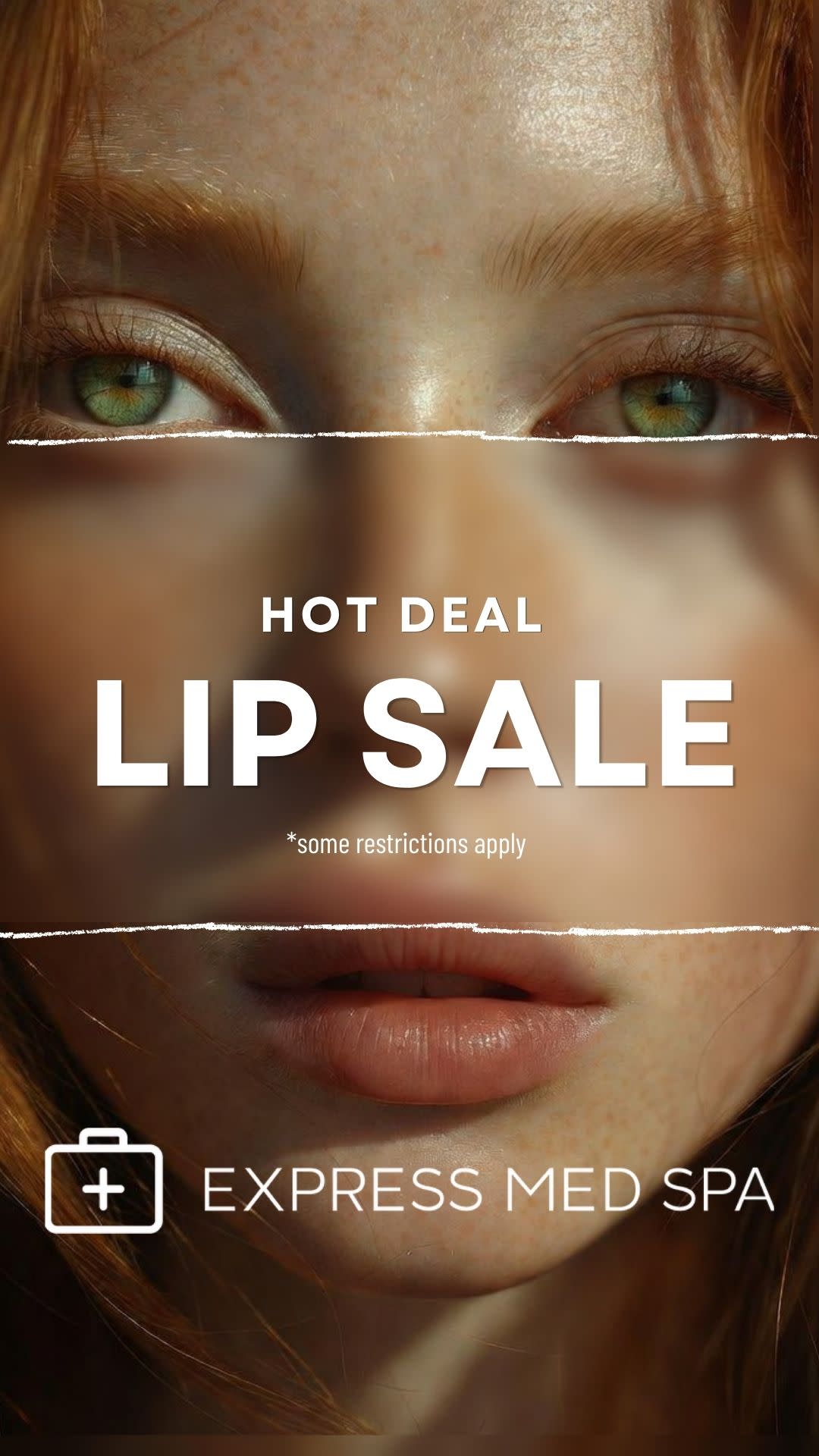 Close-up portrait of a woman's face, with the Express Med Spa name and logo across the lower part of the graphic.