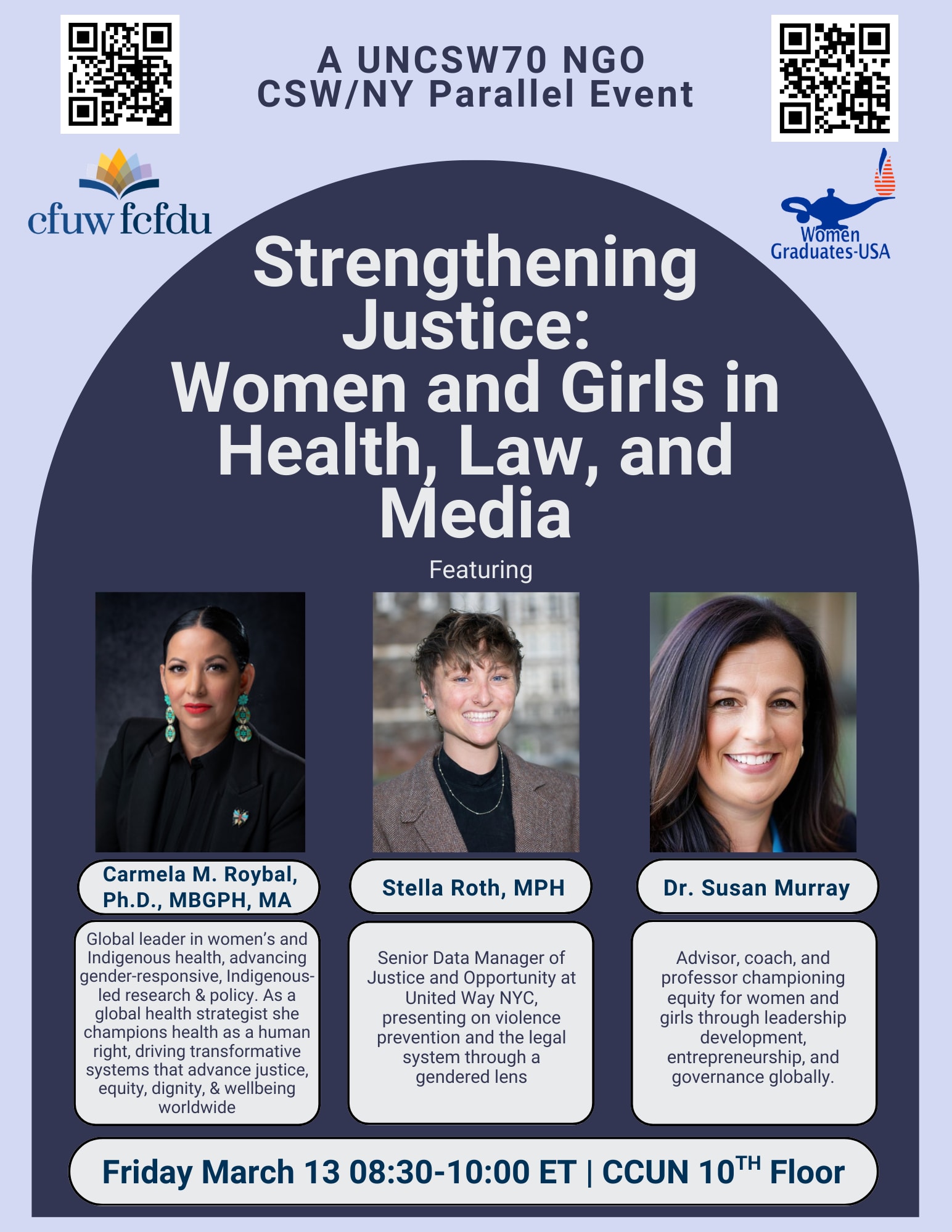 Flyer for an event titled “Strengthening Justice: Women and Girls in Health, Law, and Media,” featuring three speakers and de