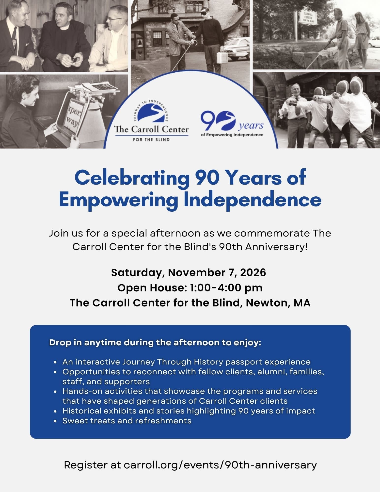 Flyer for The Carroll Center for the Blind's 90th Anniversary