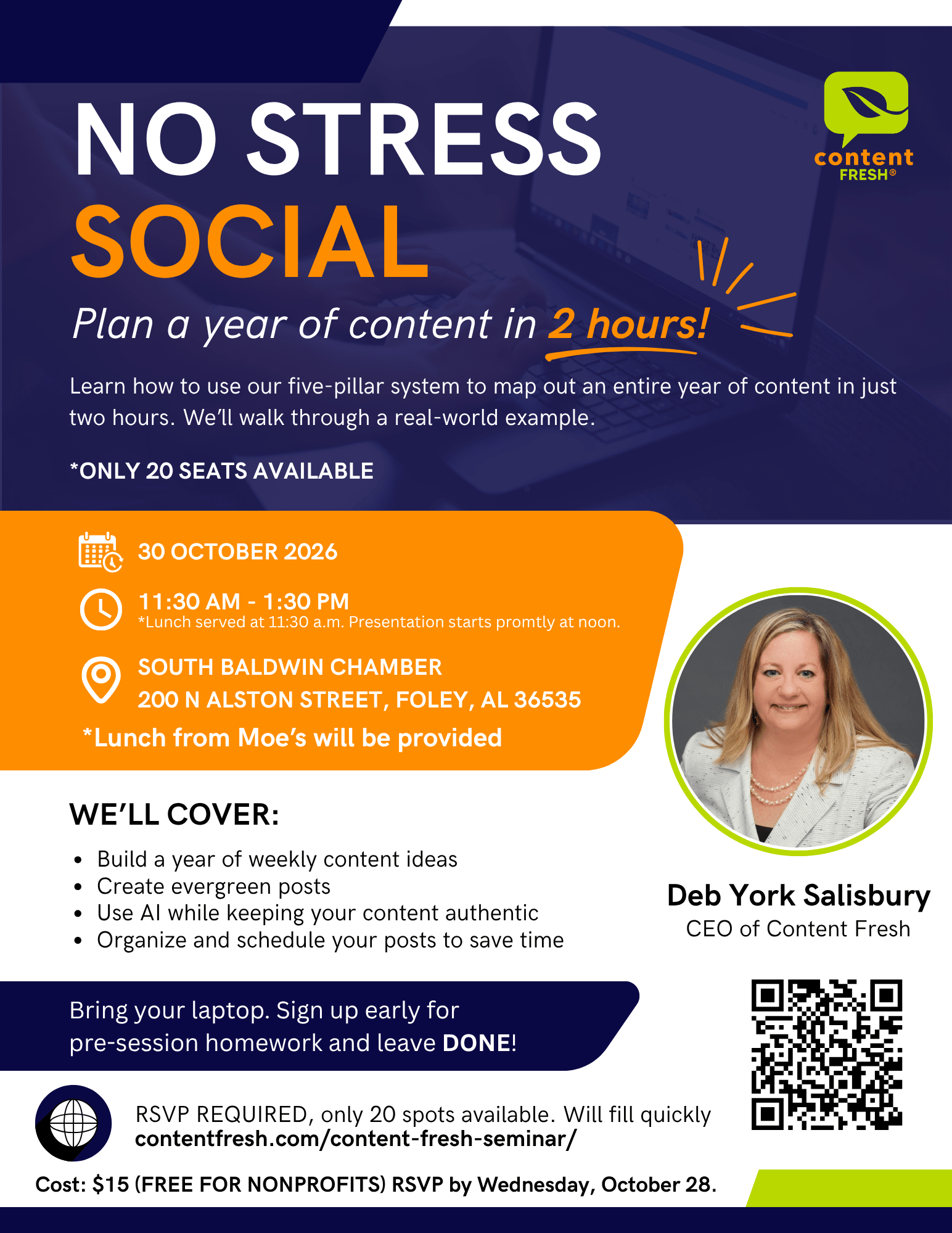 Flyer for the Content Fresh No Stress Social Seminar on Friday, October 30 at 11:30 AM