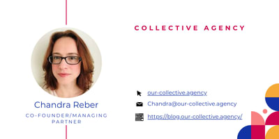 White business card with colorful geometric shapes in bottom right, circular woman's headshot to left, and contact info