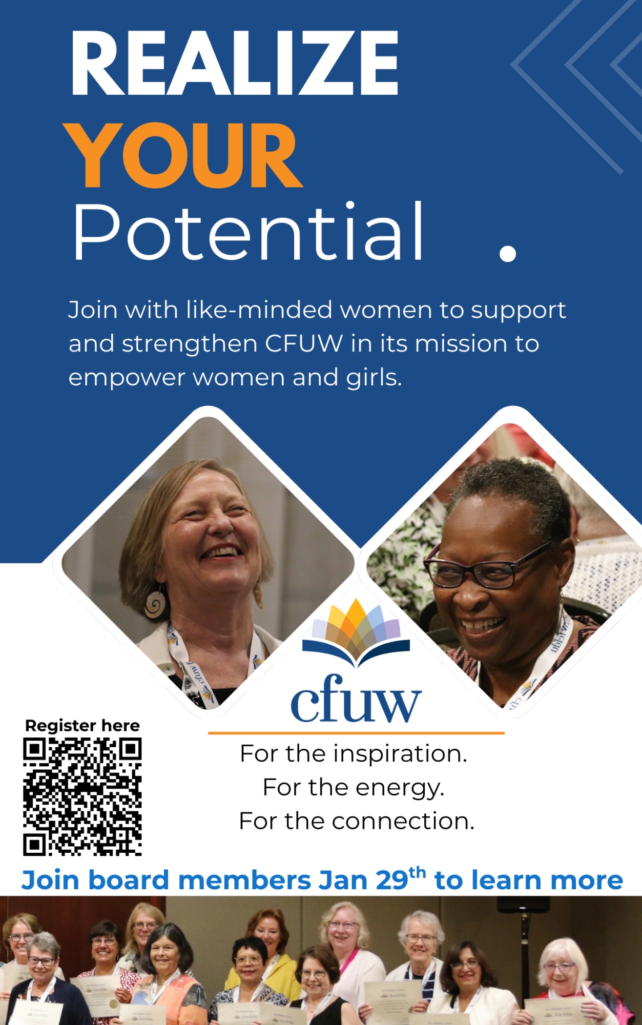 Graphic promoting a CFUW webinar titled “Demystifying the CFUW National Board: Roles, Nominations, and Q&A,”