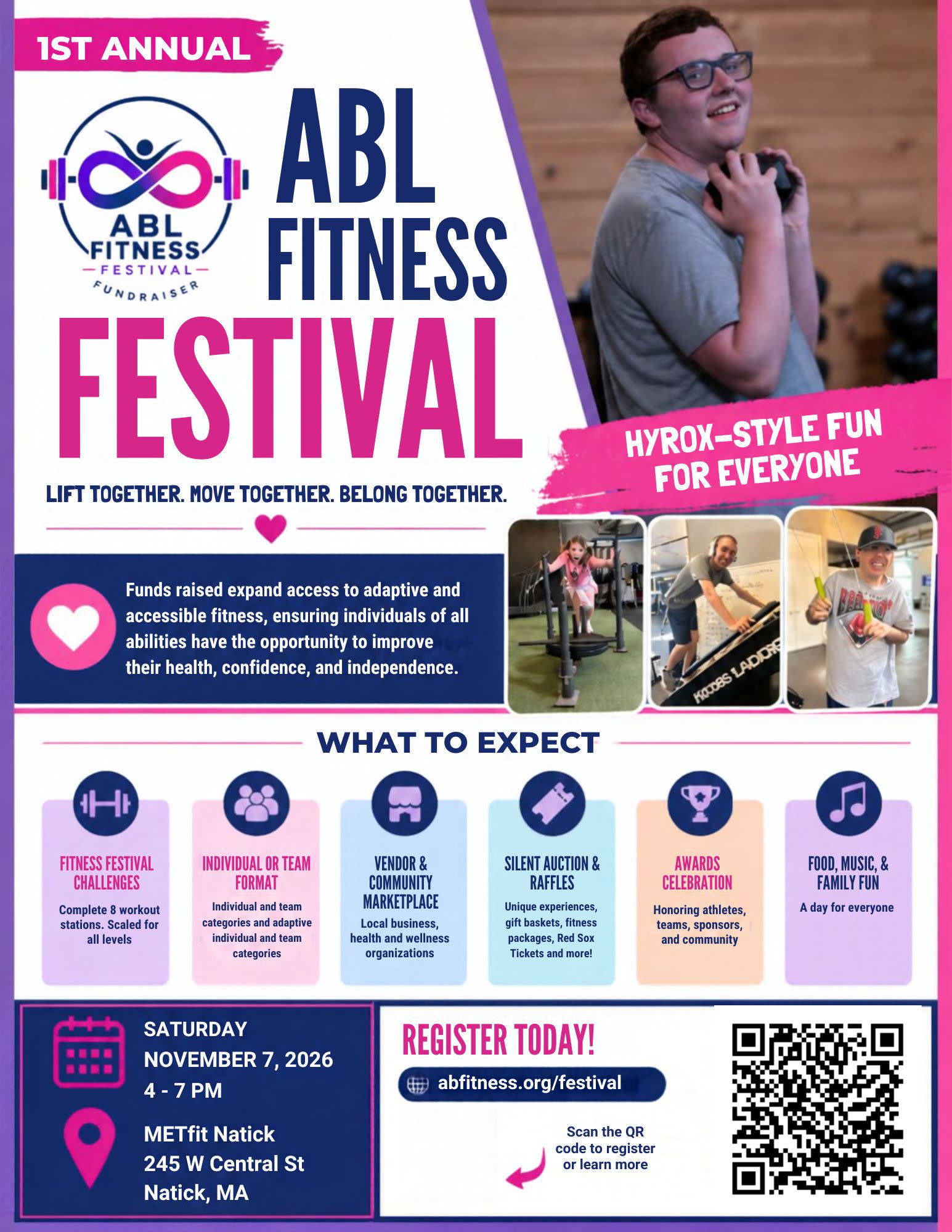 A flyer about the ABL FItness Festival. An athlete with brown hair smiling holding a weight