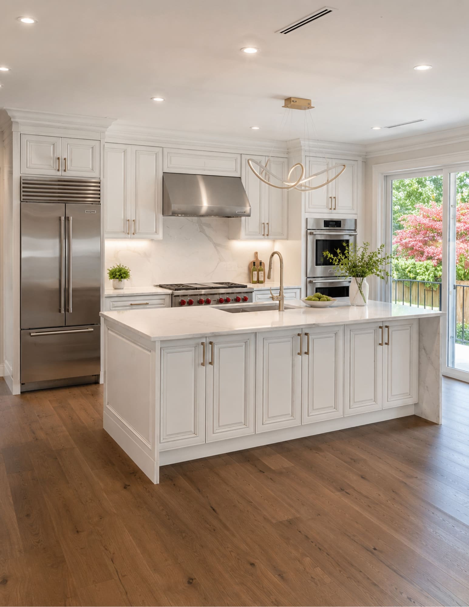 White kitchen with detailed panel cabinetry, brass-toned hardware, stainless steel appliances, a large island and warm wood f