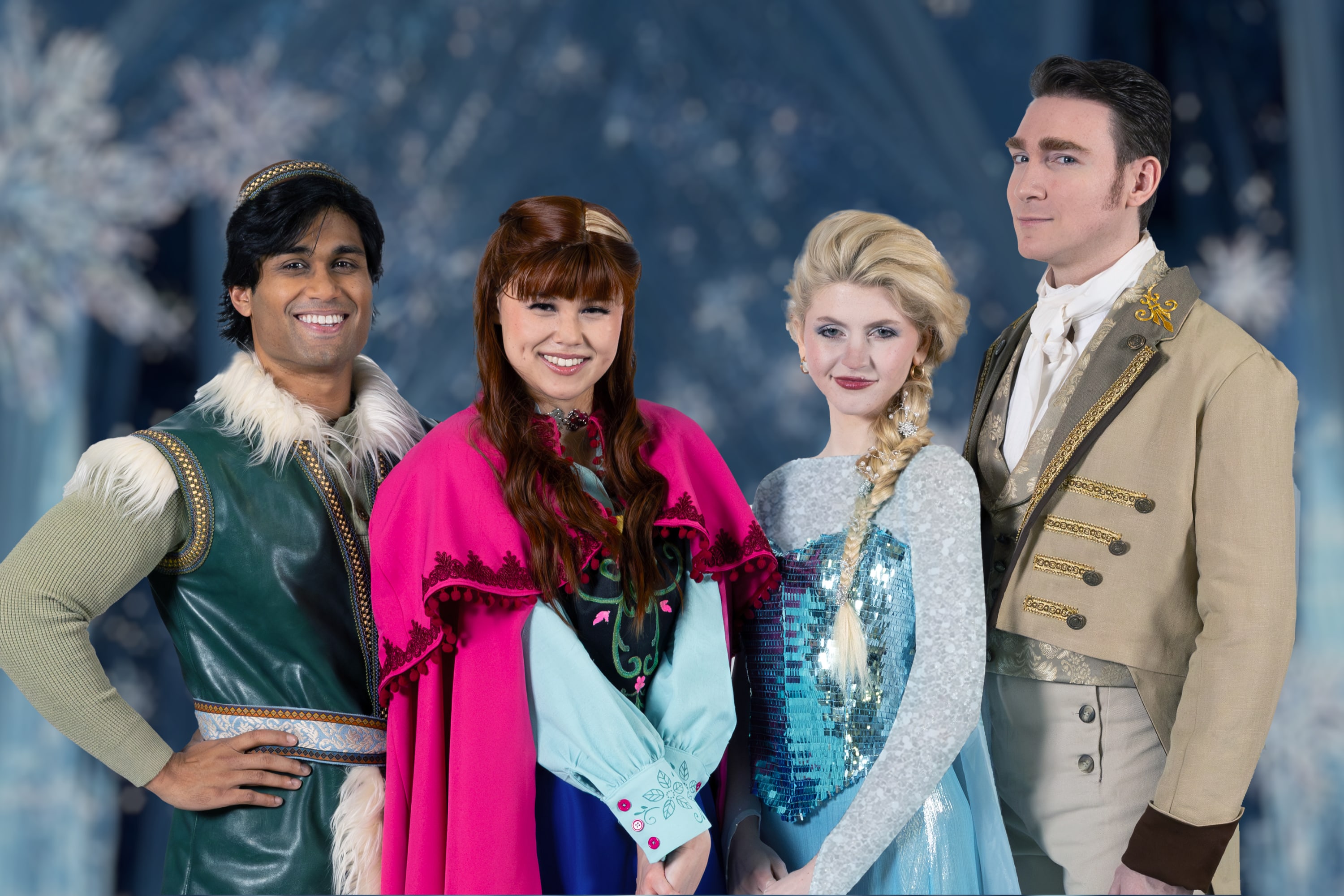 Kristoff (Sadat Hossain), Anna (Lauren Berling), Elsa (Astraea Brown) and Hans (Justin Kerekes) pose side by side.