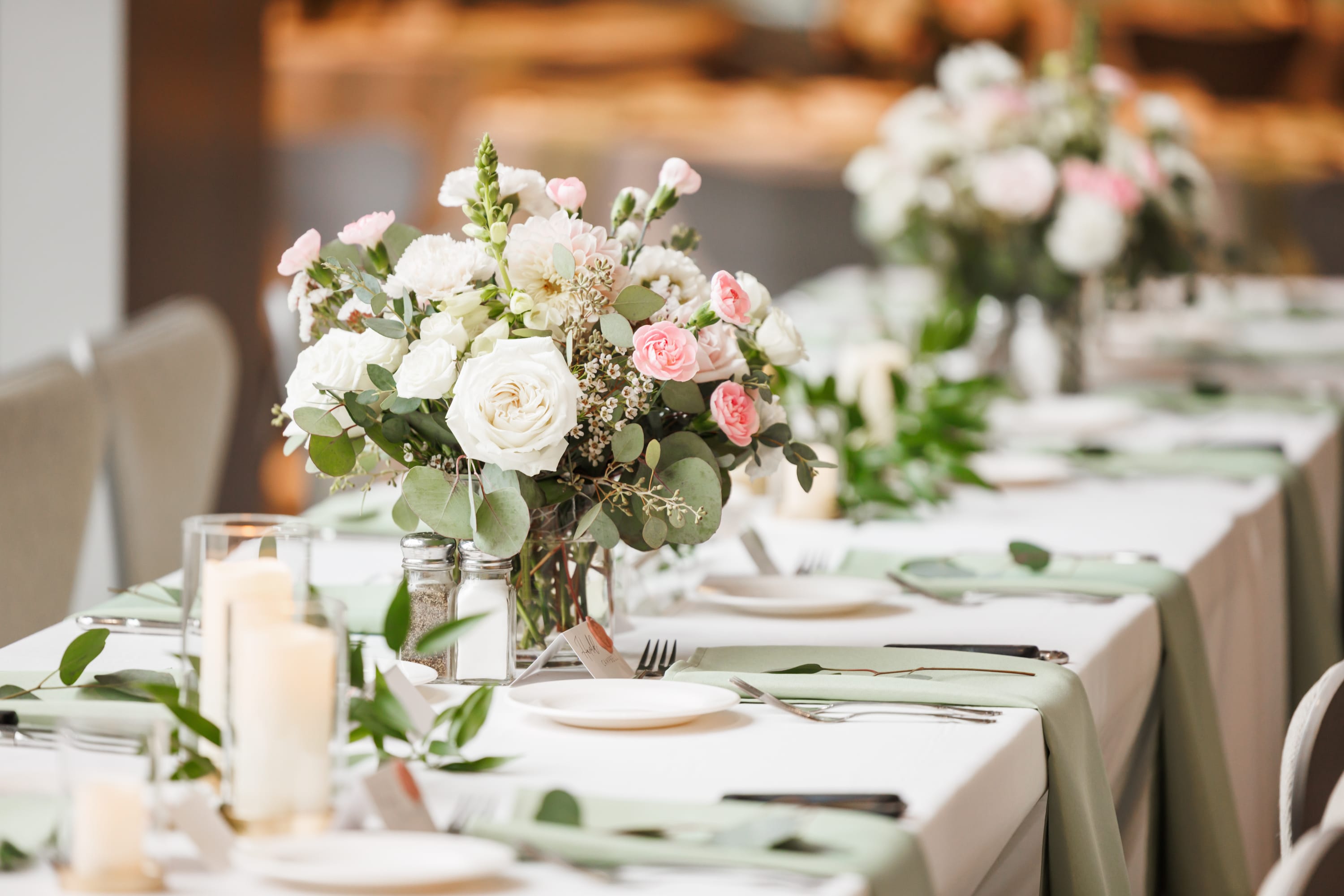 Wedding table scape, flowers, candles, table settings