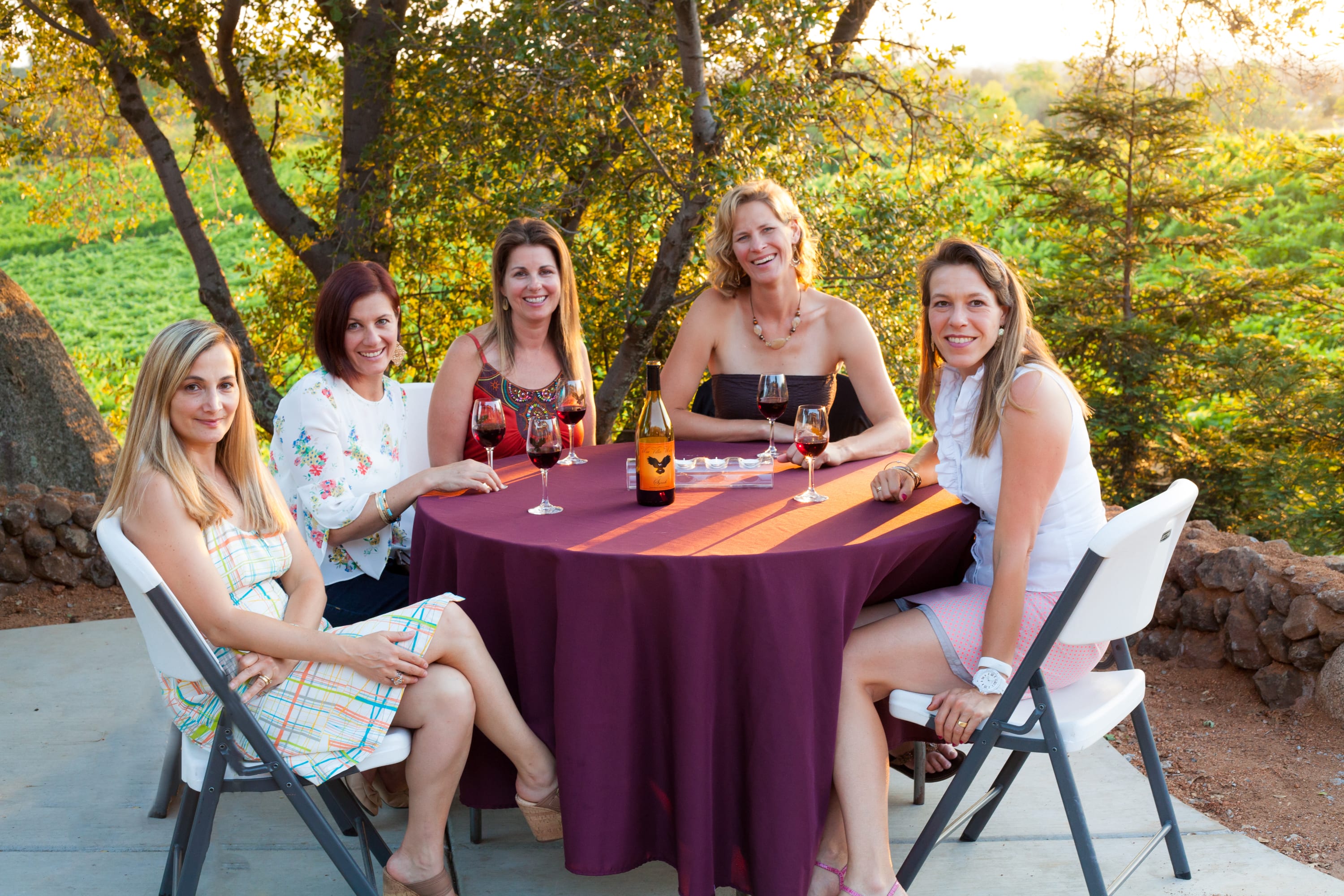 5 women gathered around a table enjoying wine from Wise Villa Winery