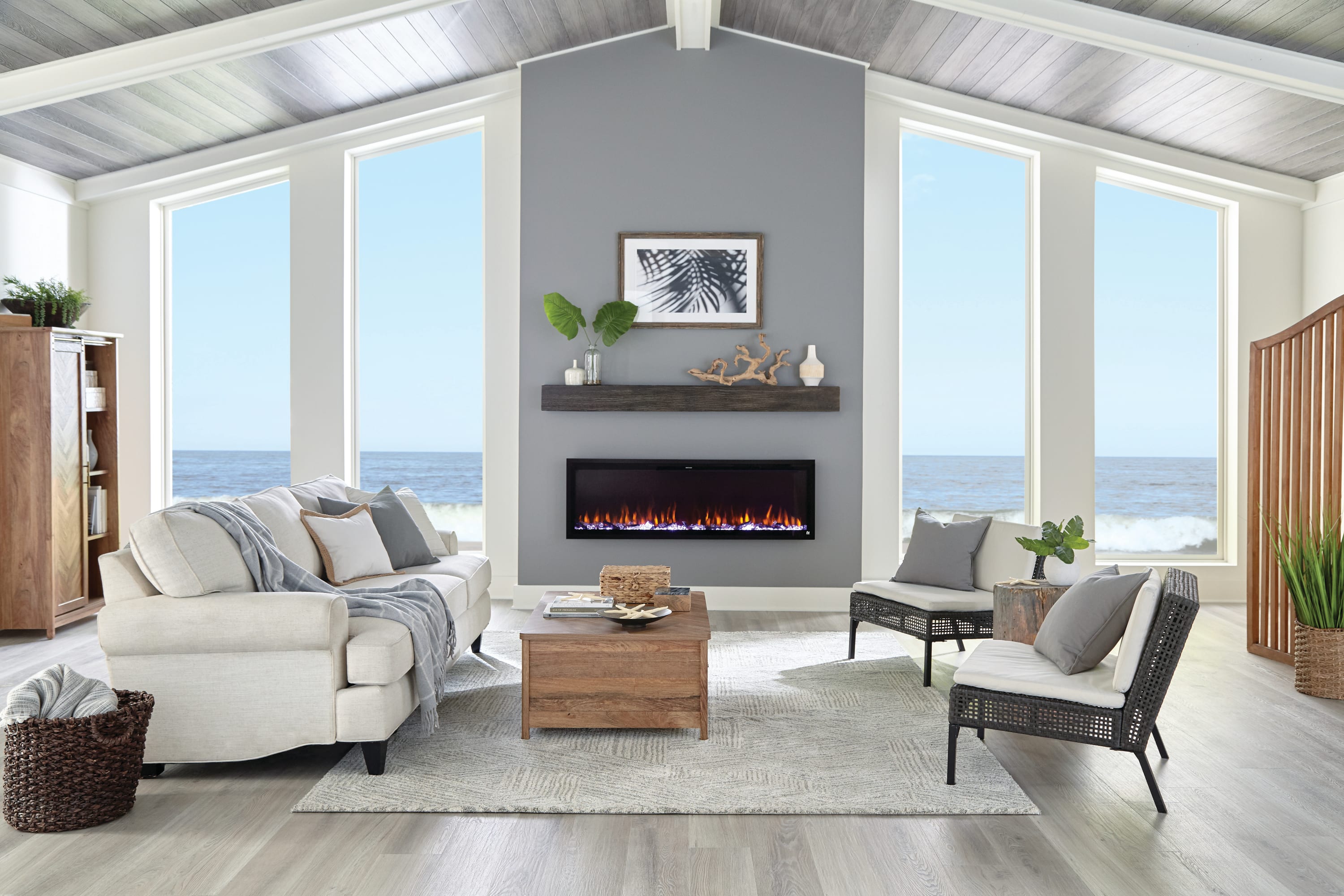 electric fireplace with a seaside view