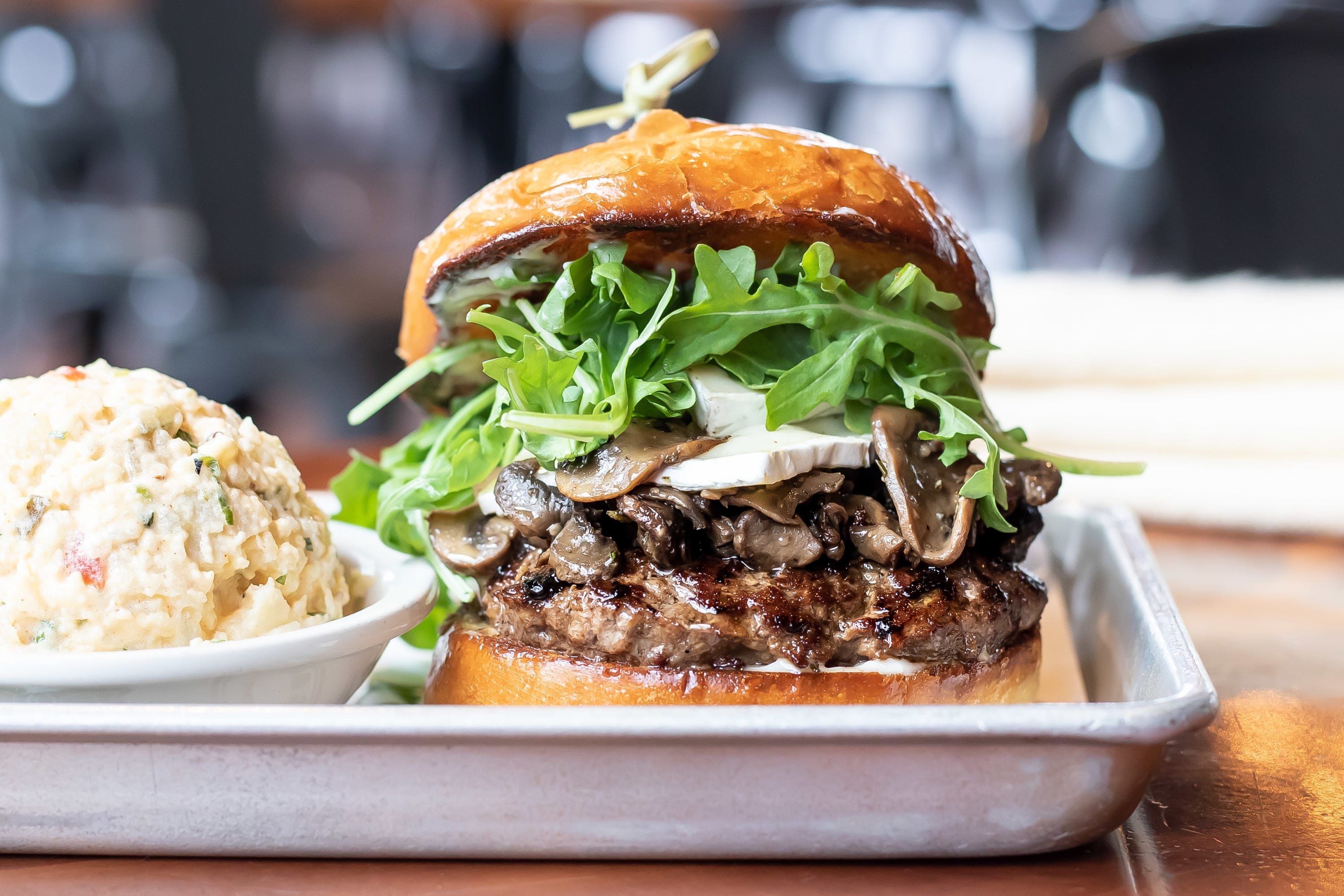 Prime beef burger with brie cheese and mushrooms