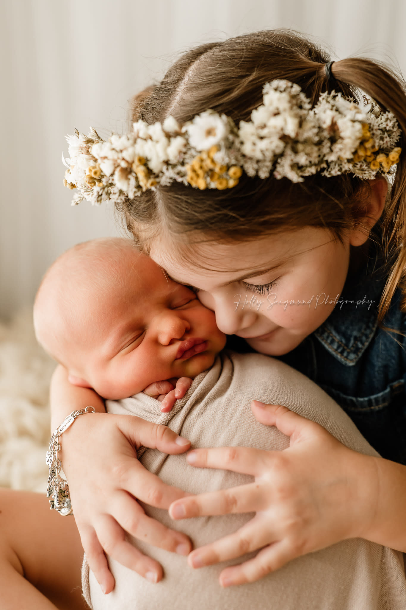 Newborn Sibling Photography Session Boho Floral Crown Natural Light Studio