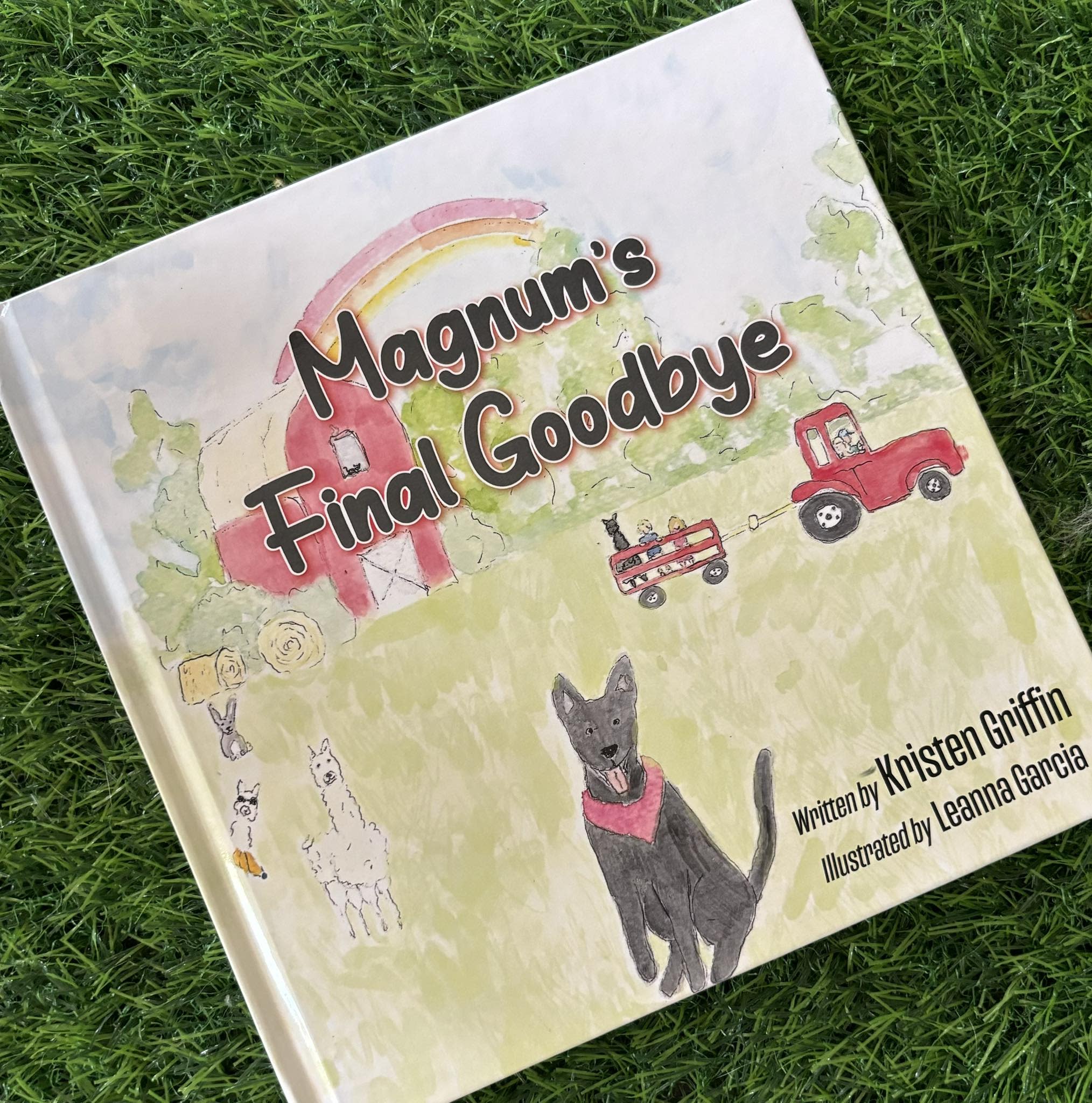 Magnum's Final Good Bye- Black dog on a farm with farm equipment and other animals