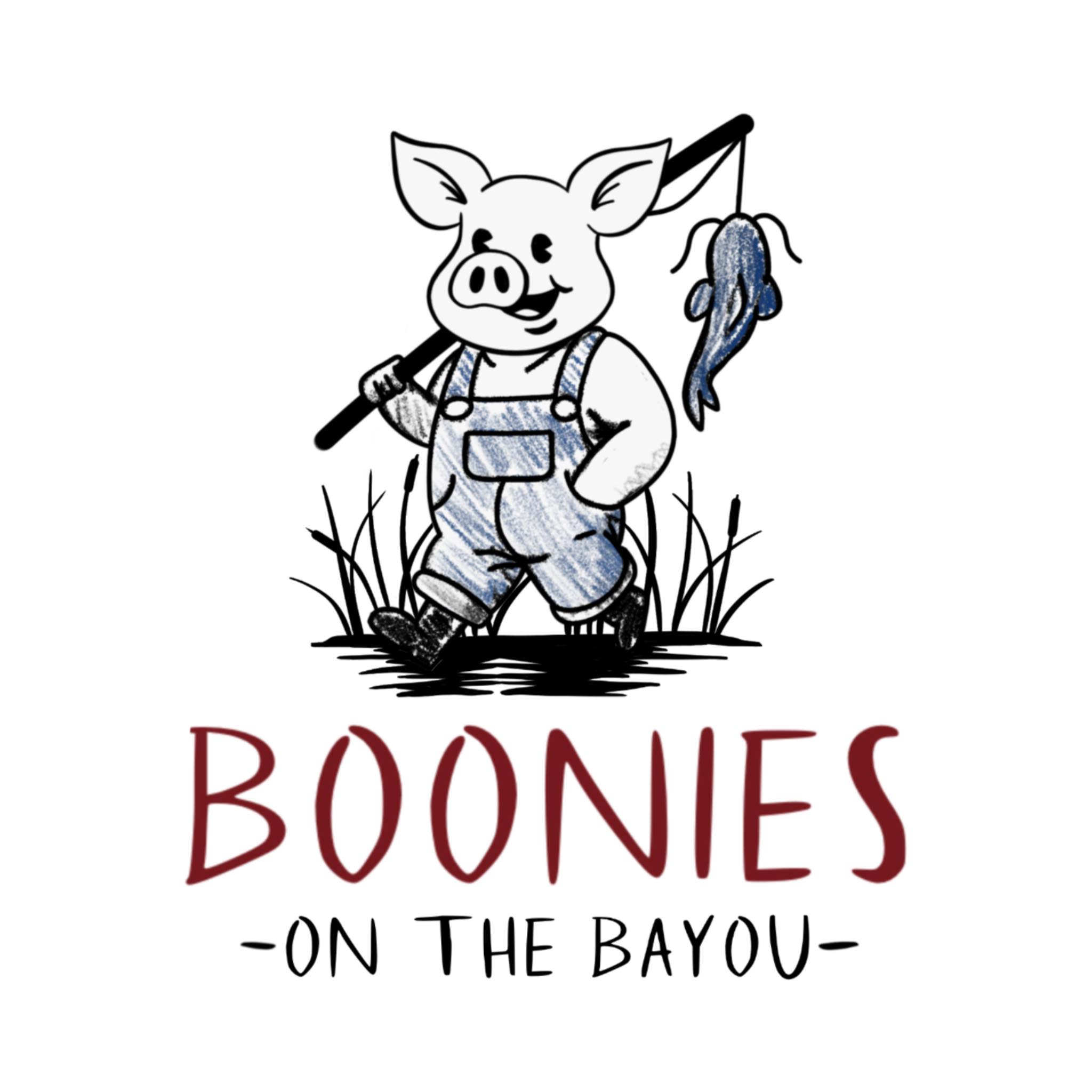 Pig in overalls, fishing pole over shoulder with a catfish on the hook. Boonies on the Bayou