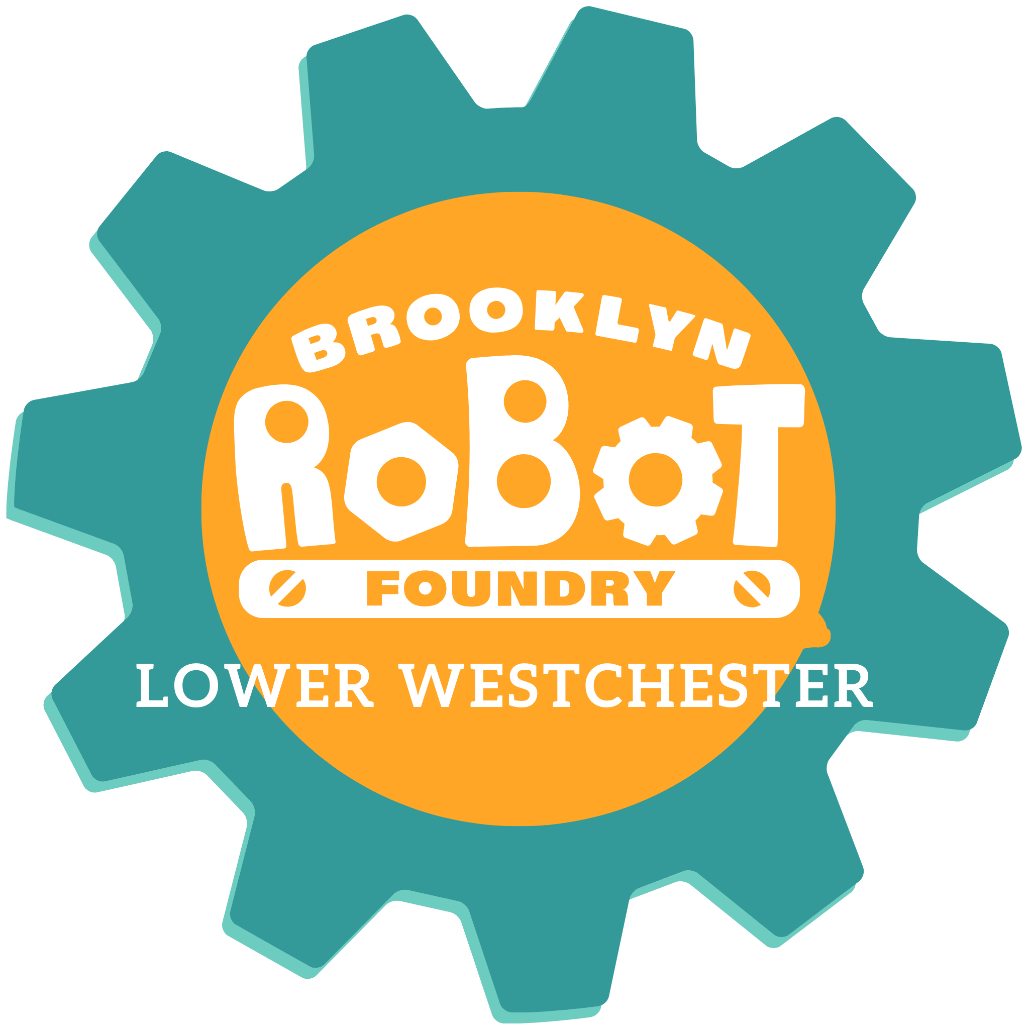 Teal and tangerine gear icon with the words "Brooklyn Robot Foundry Lower Westchester"