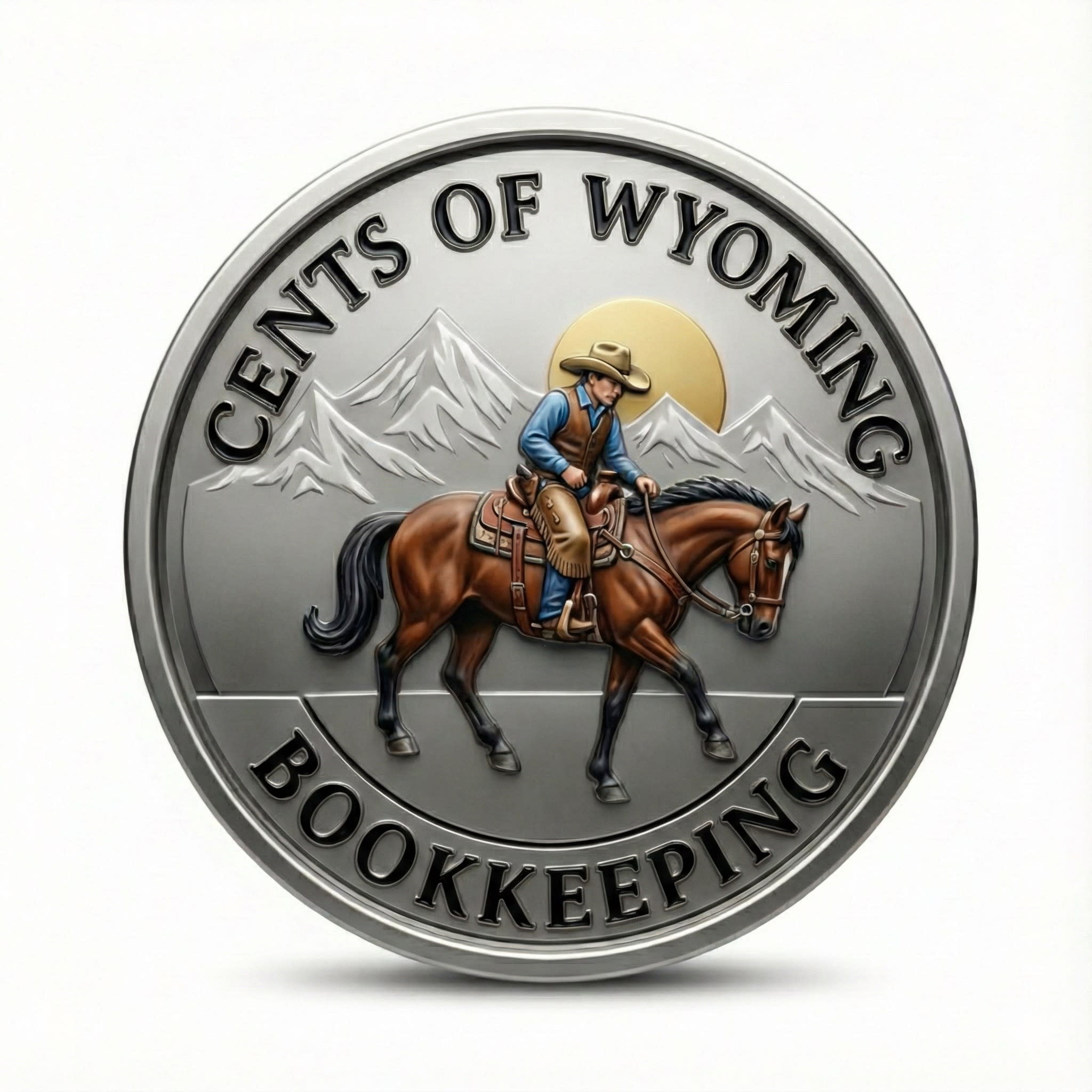 Silver medallion logo for Cents of Wyoming Bookkeeping featuring a cowboy on horseback with a mountain backdrop.