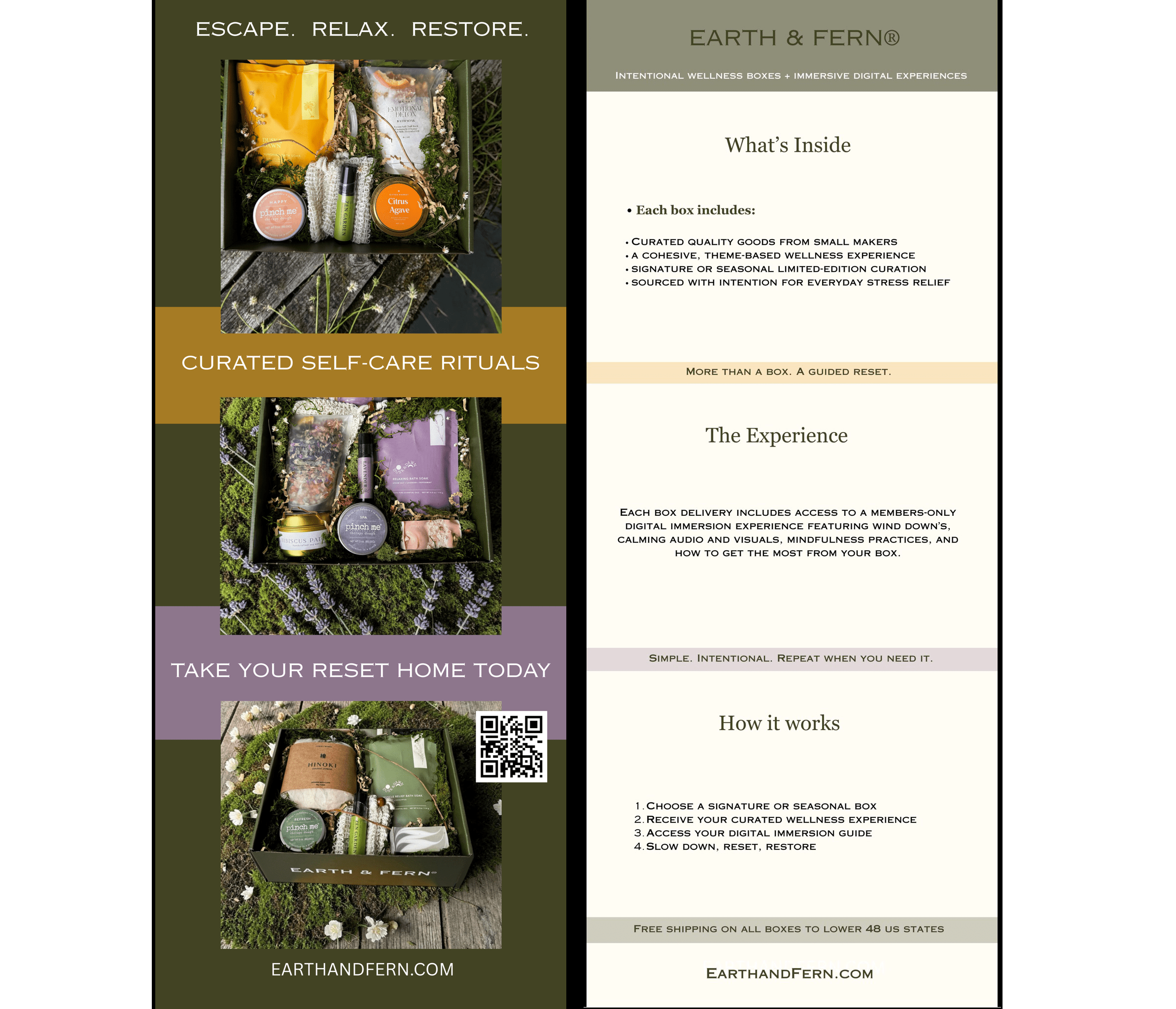 Image shows color brochure with three box images on the front and box information and how it works on the back.