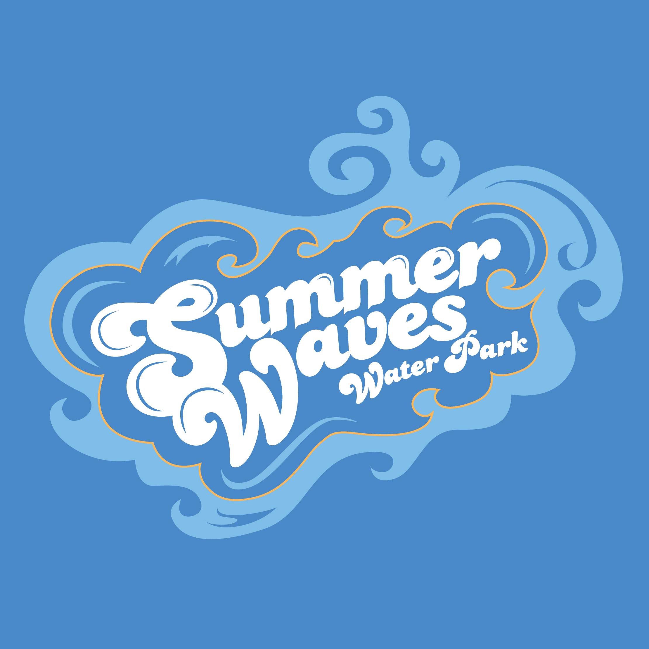 Summer Waves Water Park logo on a blue background with wave details
