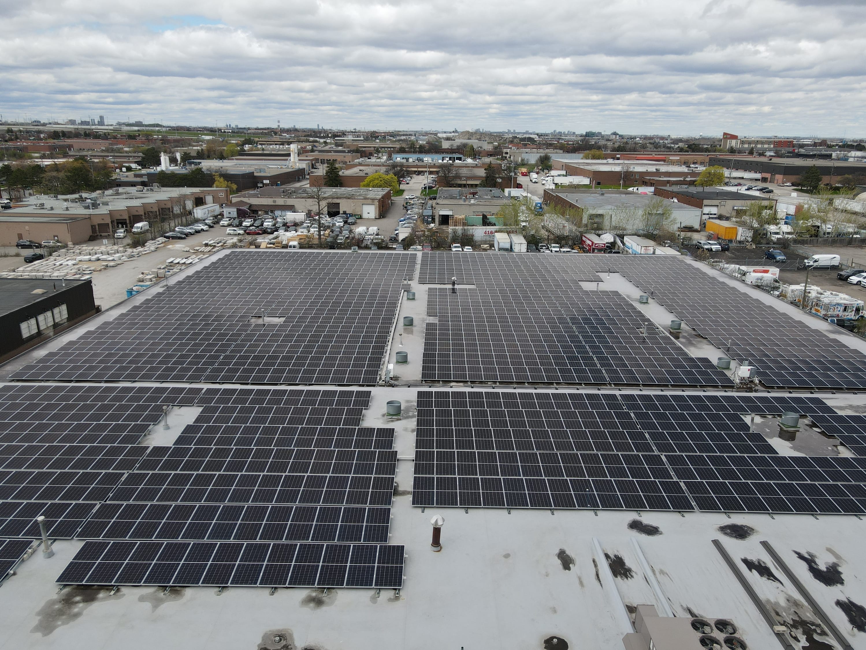 Commercial rooftop solar installation at a manufacturing facility in Mississauga, Ontario.